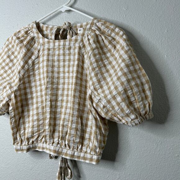 BP Gingham Balloon Sleeve Cotton Top Ivory Beige Size Small Chic leisure - Picture 4 of 8